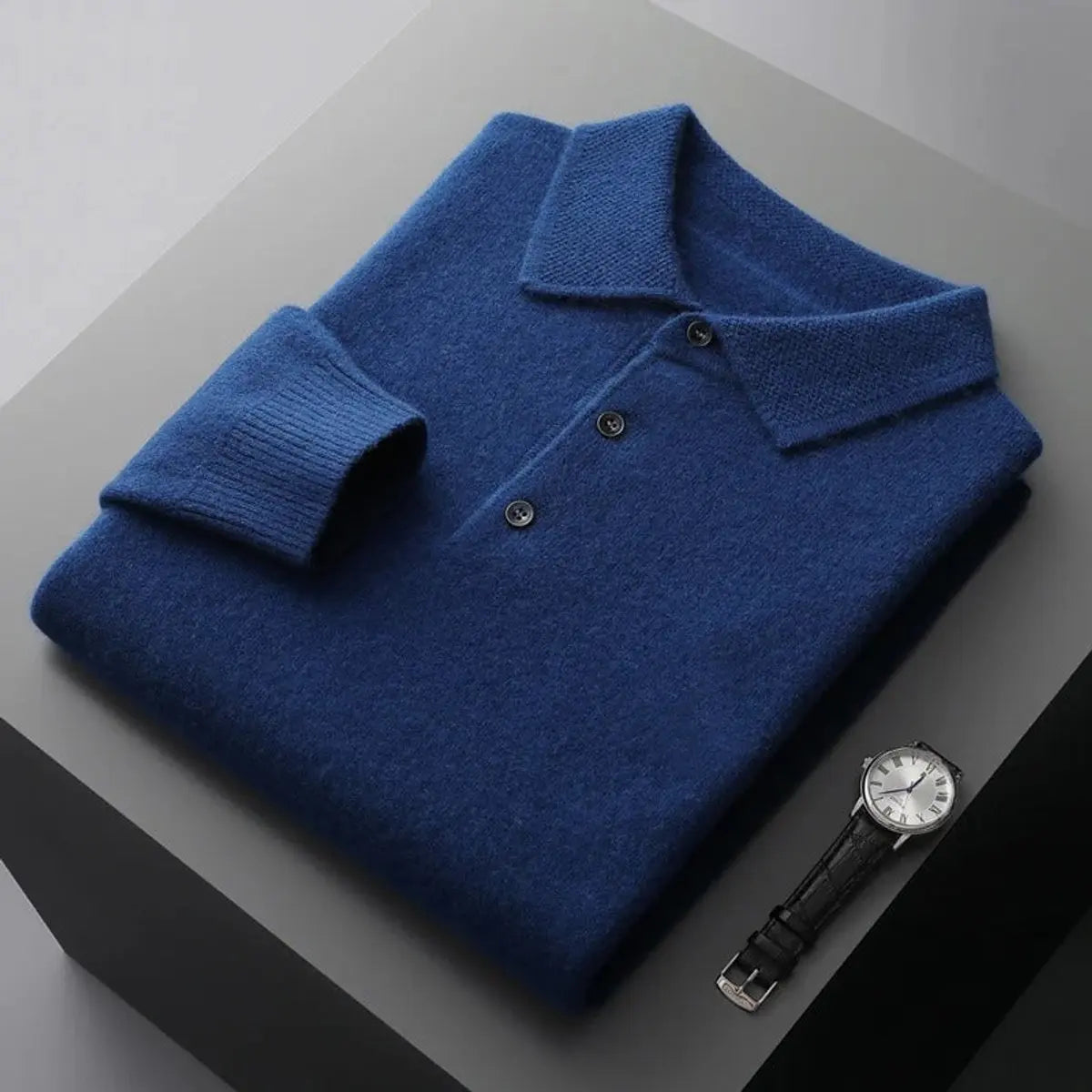 Men's Cashmere Polo Knit Sweater Long Sleeve Button Collar Jumper - Dark Navy