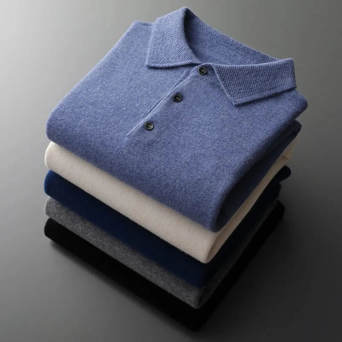 Men's Cashmere Polo Knit Sweater Long Sleeve Button Collar Jumper