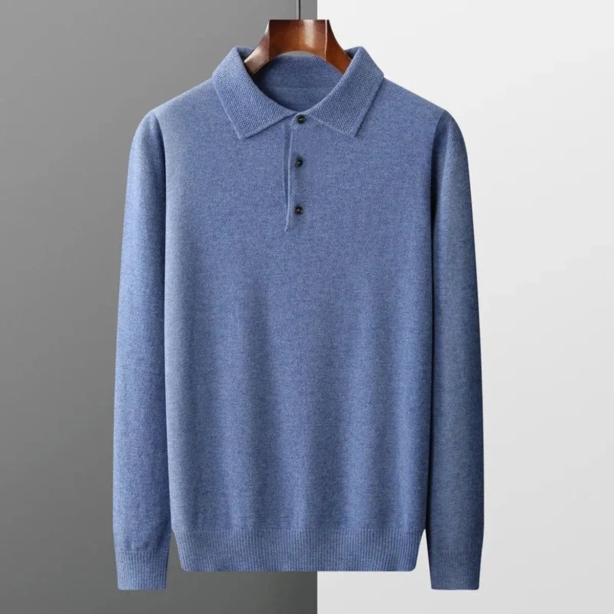 Men's Cashmere Polo Knit Sweater Long Sleeve Button Collar Jumper