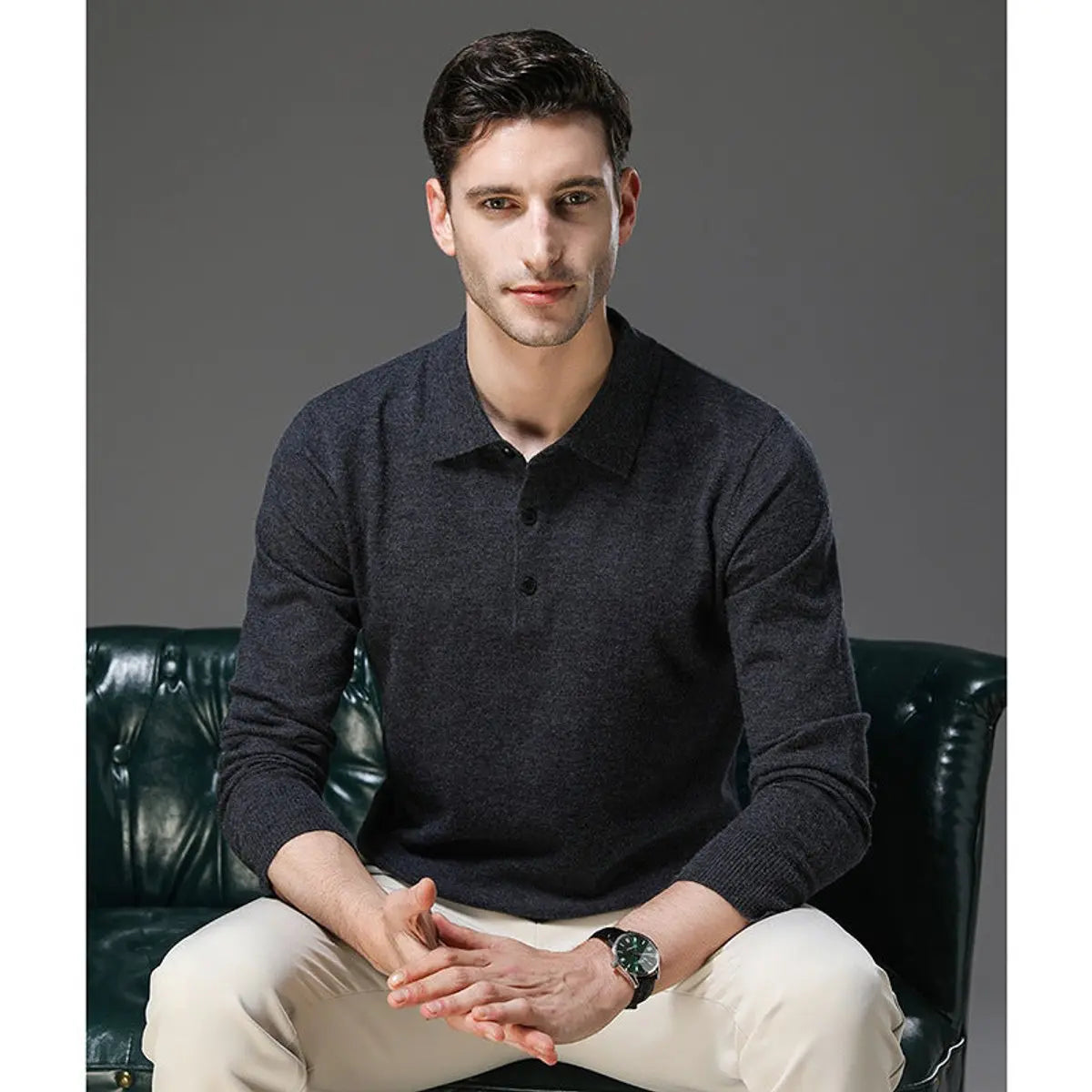 Men's Cashmere Polo Knit Sweater Long Sleeve Button Collar Jumper