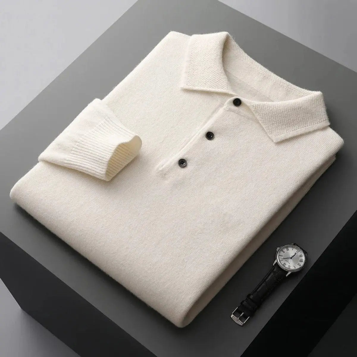Men's Cashmere Polo Knit Sweater Long Sleeve Button Collar Jumper - White