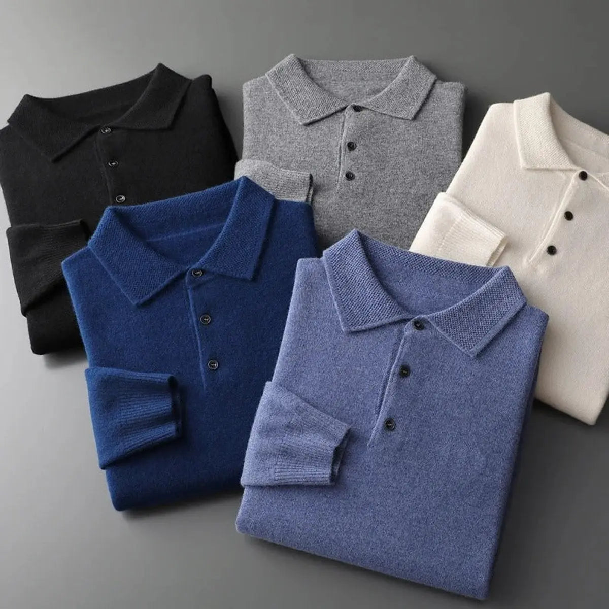 Men's Cashmere Polo Knit Sweater Long Sleeve Button Collar Jumper
