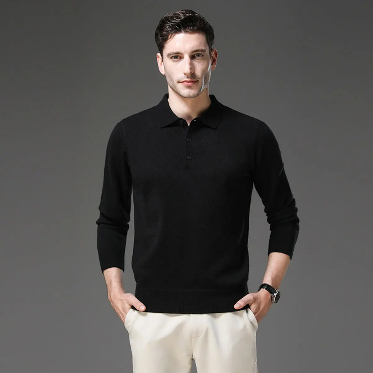 Men's Cashmere Polo Knit Sweater Long Sleeve Button Collar Jumper