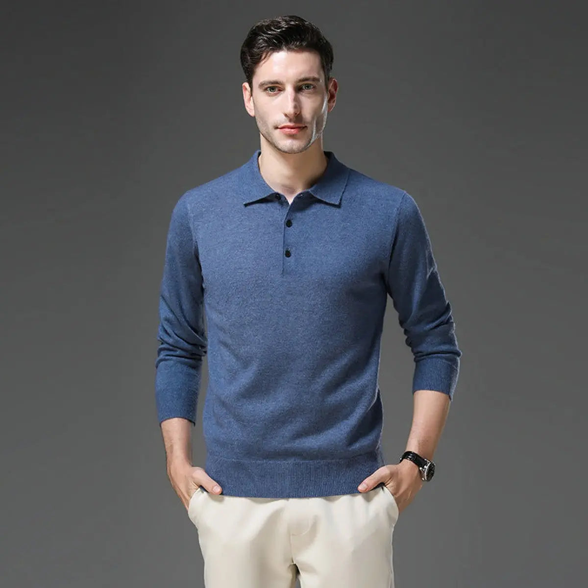 Men's Cashmere Polo Knit Sweater Long Sleeve Button Collar Jumper