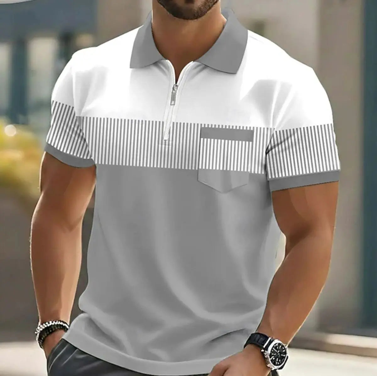 Men's Casual Striped Quarter-Zip Polo Shirt - Grey