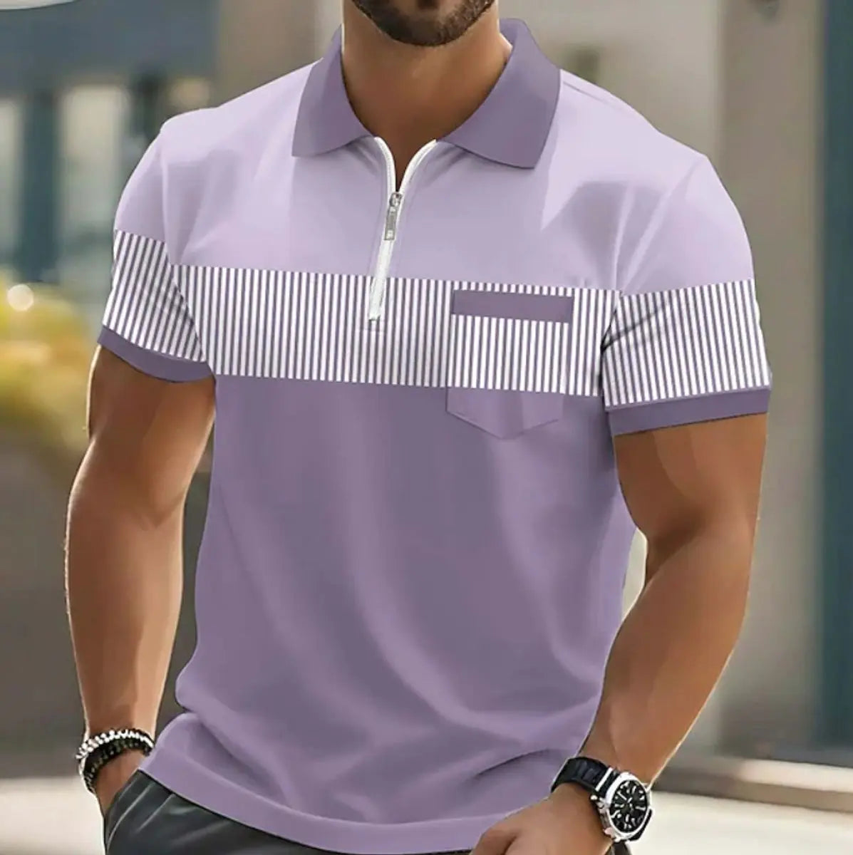 Men's Casual Striped Quarter-Zip Polo Shirt - Purple