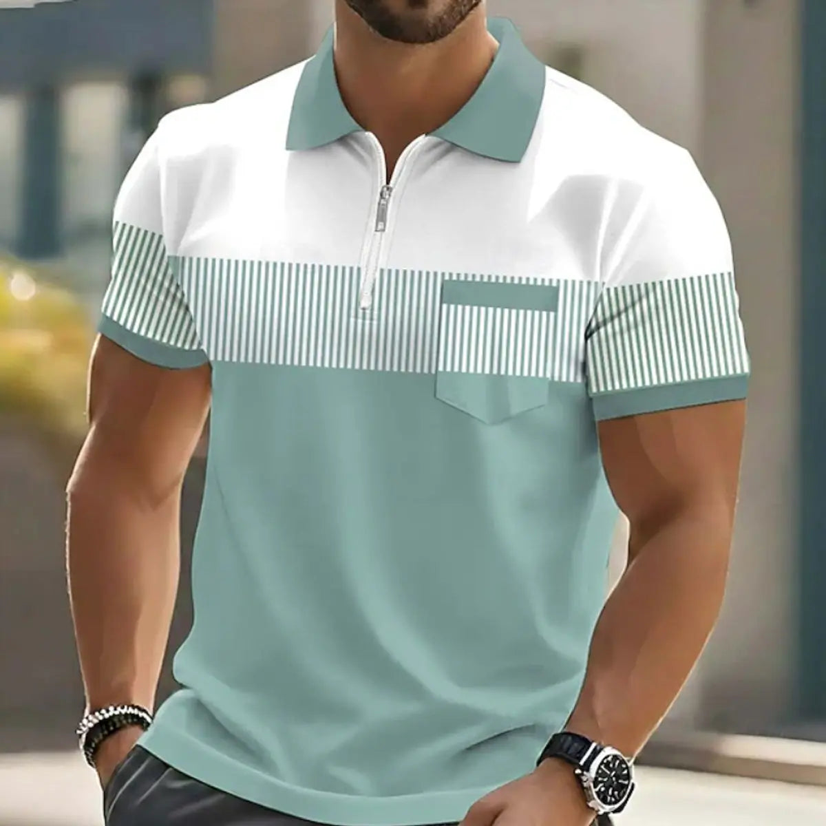 Men's Casual Striped Quarter-Zip Polo Shirt - Green