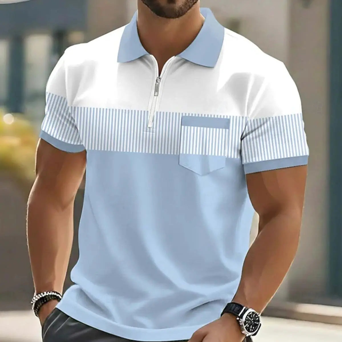 Men's Casual Striped Quarter-Zip Polo Shirt - Blue