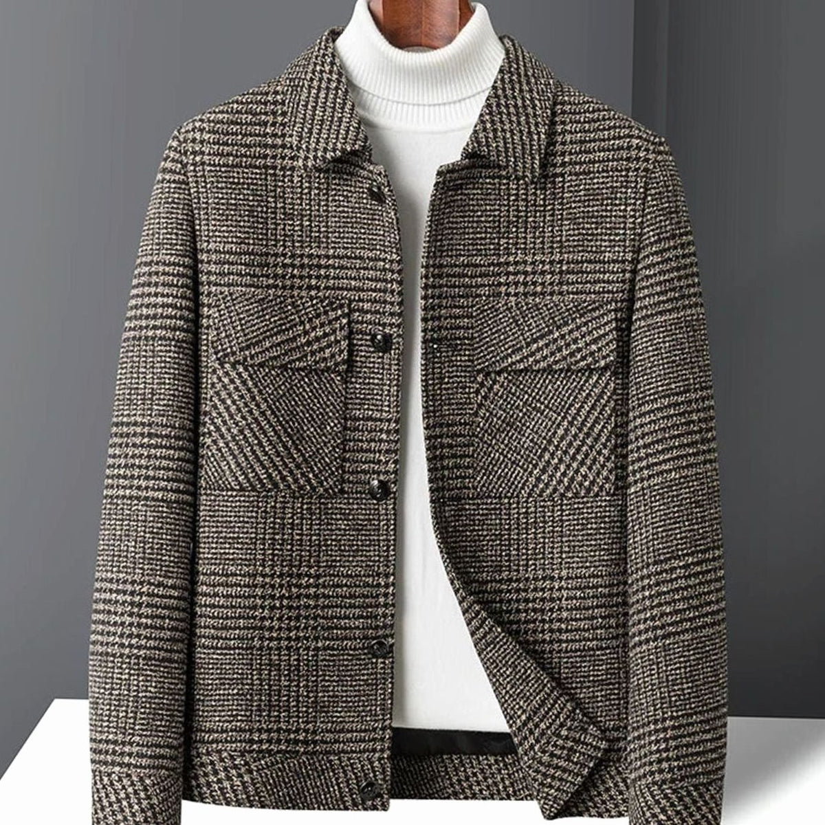 Men's Checked Wool-Blend Button-Up Overshirt Jacket - Camel