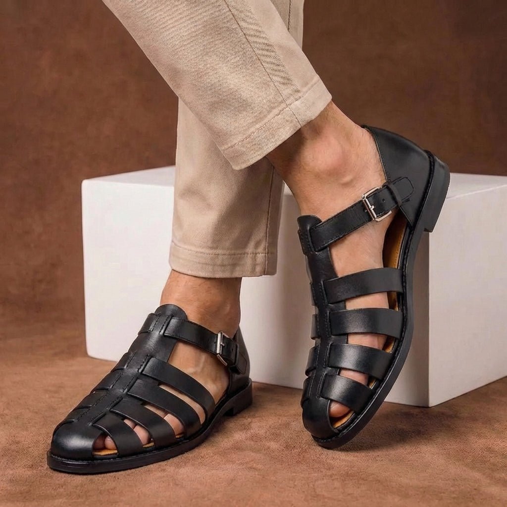 Men's Closed Toe Fisherman Sandals Buckle Strap Leather - Black