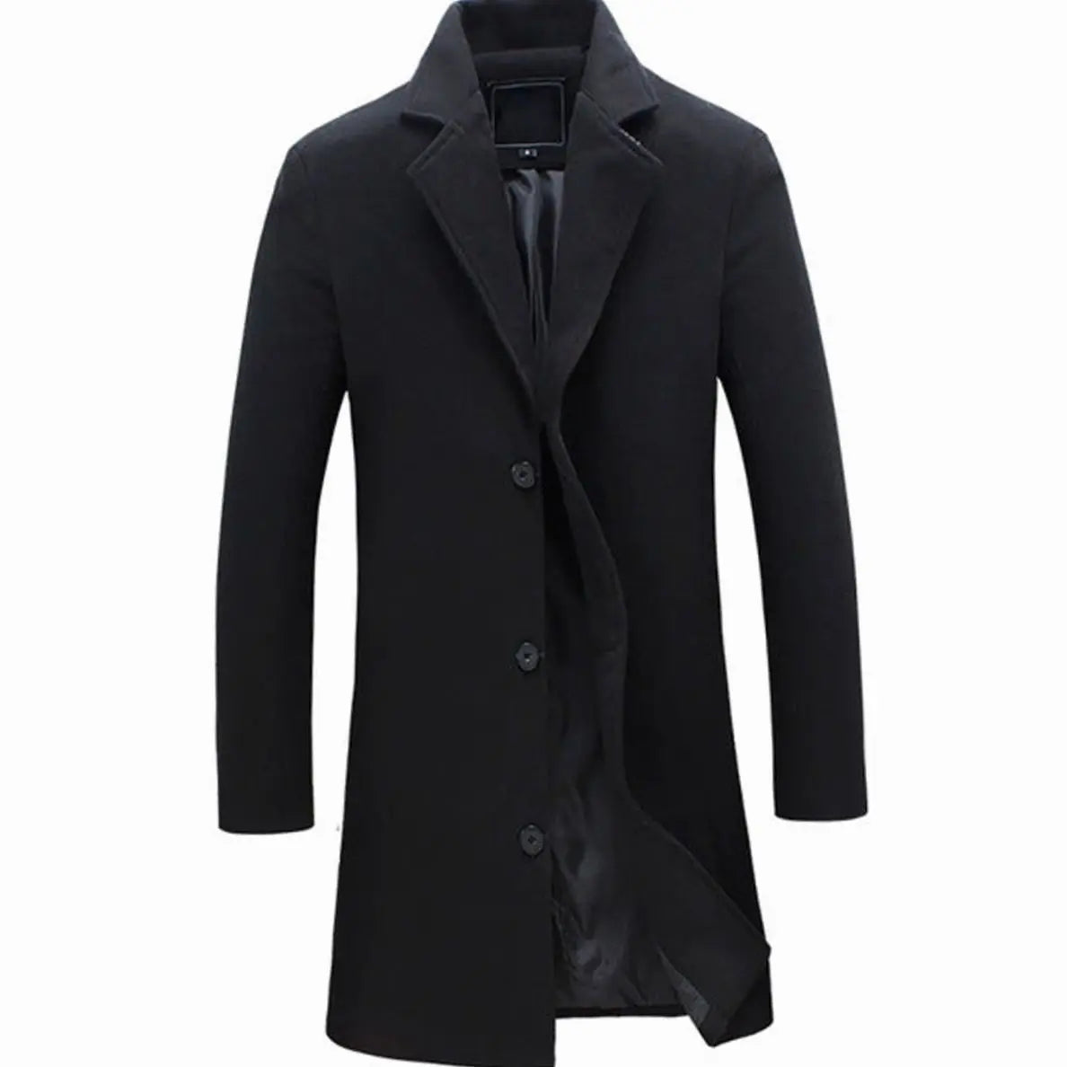 Men's Cold Weather Tailored Wool-Blend Long Trench Coat - Black