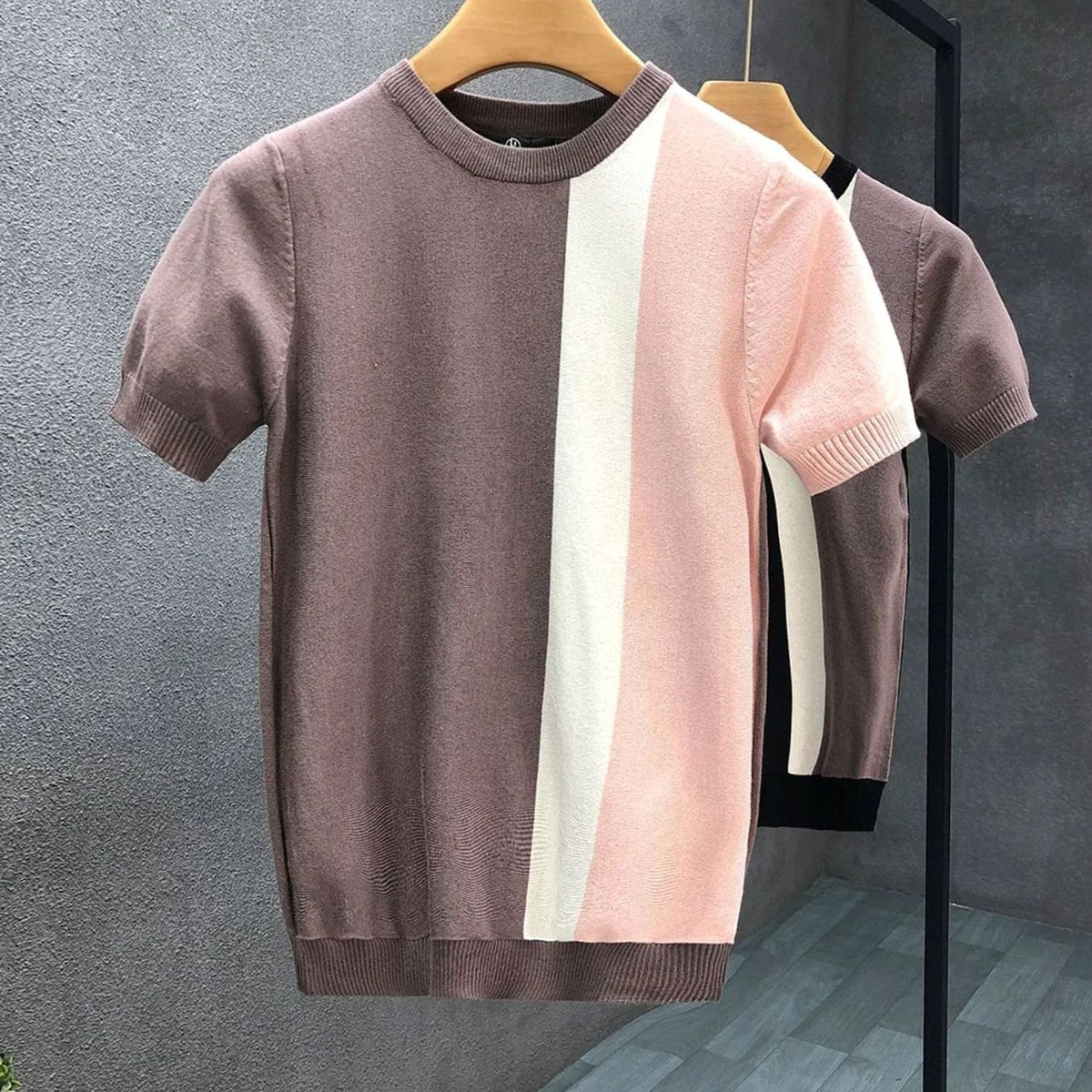 Men's Colour-Block Short-Sleeve Crewneck Knit Top - Pink