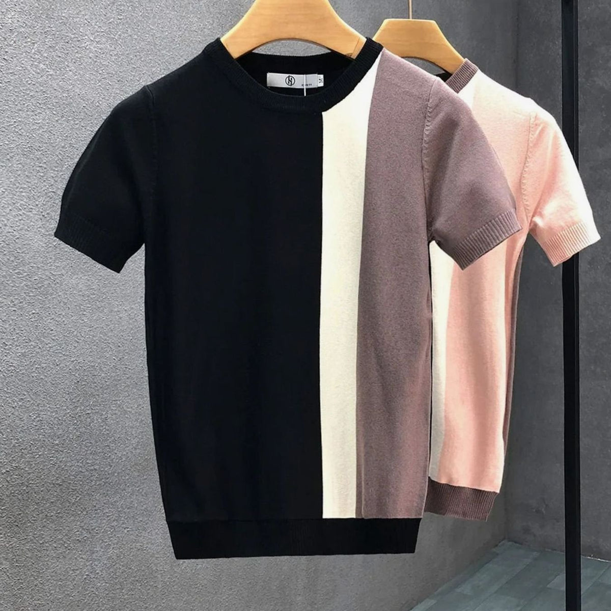 Men's Colour-Block Short-Sleeve Crewneck Knit Top - Black