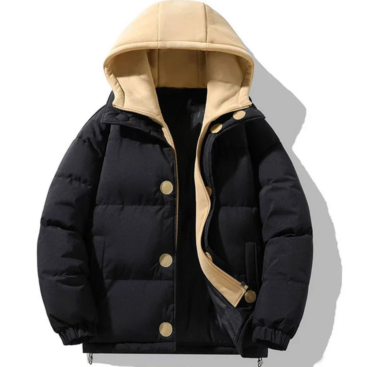 Men's Contrast-Hood Quilted Puffer Jacket - Black