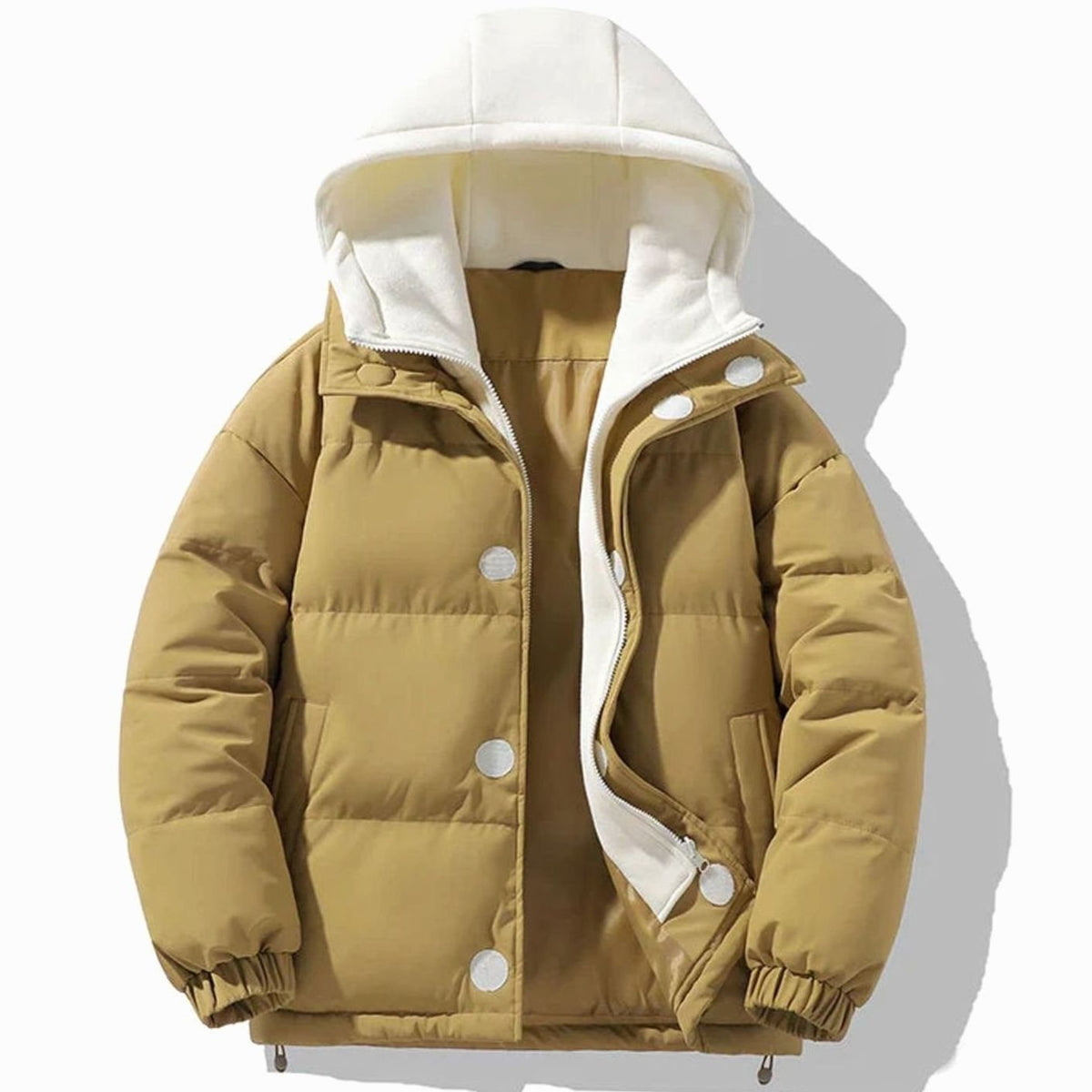 Men's Contrast-Hood Quilted Puffer Jacket - Khaki
