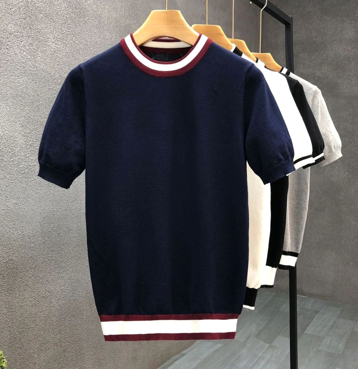 Men's Contrast Stripe Crewneck Short-Sleeve Knit Top - Navy