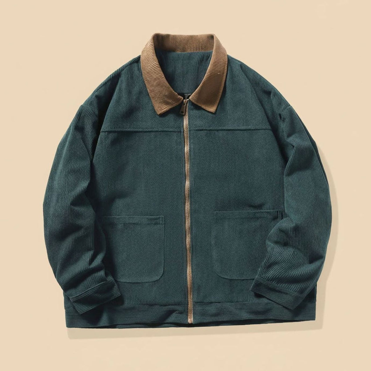 Men's Corduroy Contrast-Collar Full-Zip Harrington Jacket - Green