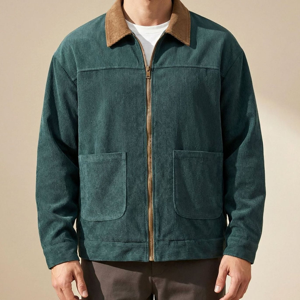 Men's Corduroy Contrast-Collar Full-Zip Harrington Jacket