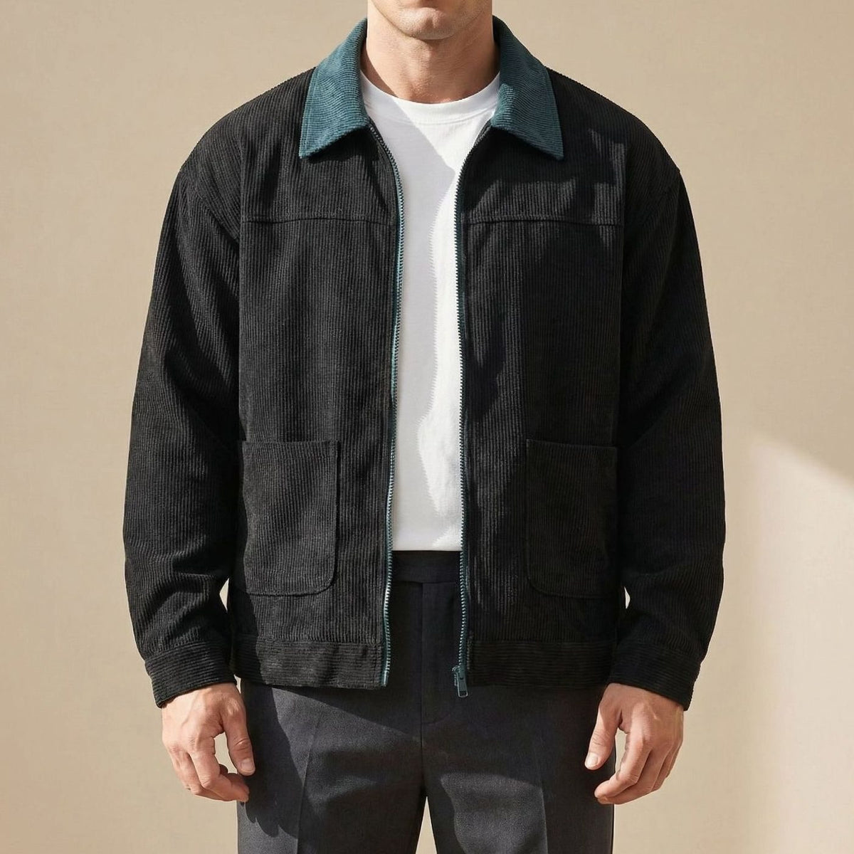 Men's Corduroy Contrast-Collar Full-Zip Harrington Jacket