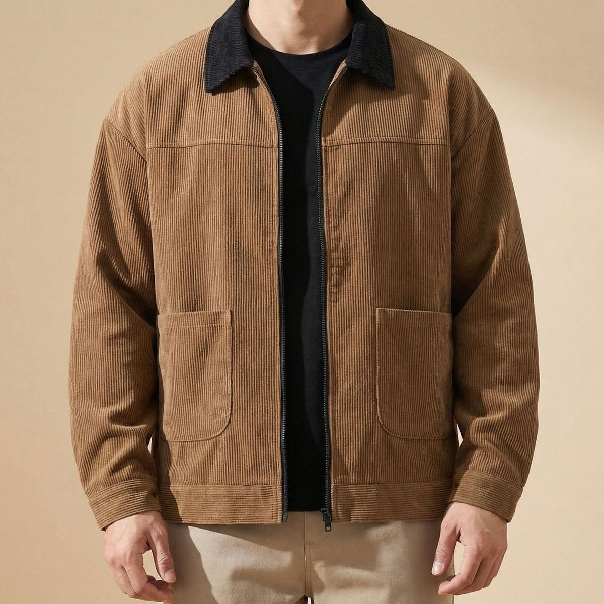 Men's Corduroy Contrast-Collar Full-Zip Harrington Jacket