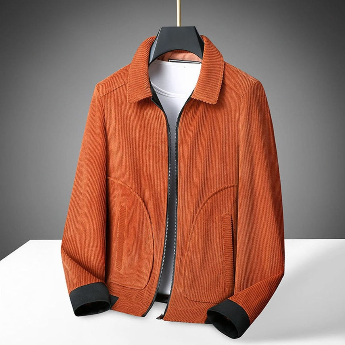 Men's Corduroy Zip-Up Collared Casual Jacket - Orange