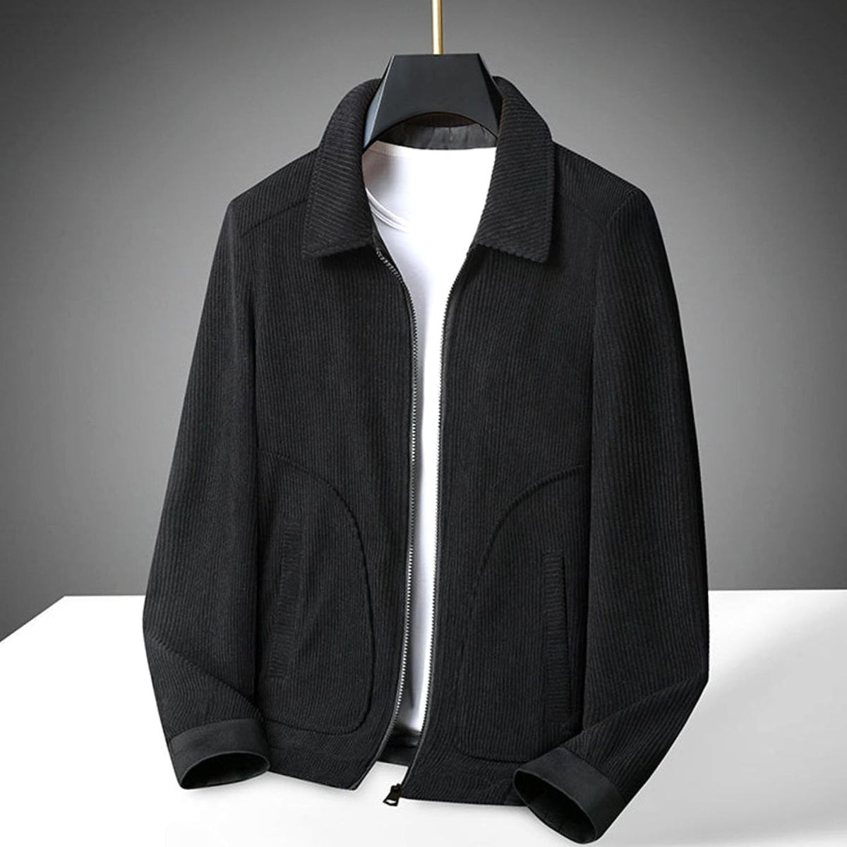 Men's Corduroy Zip-Up Collared Casual Jacket - Black