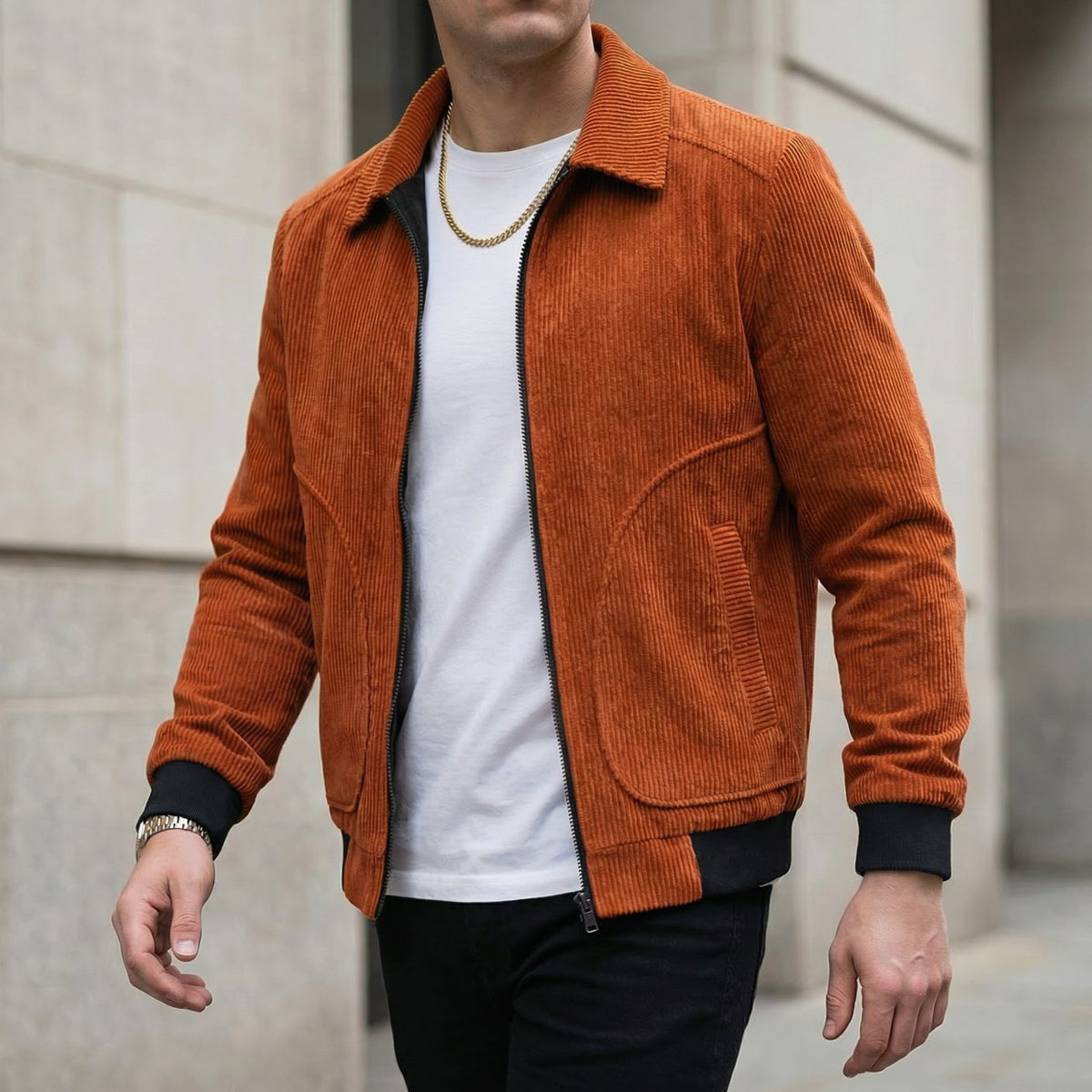 Men's Corduroy Zip-Up Collared Casual Jacket
