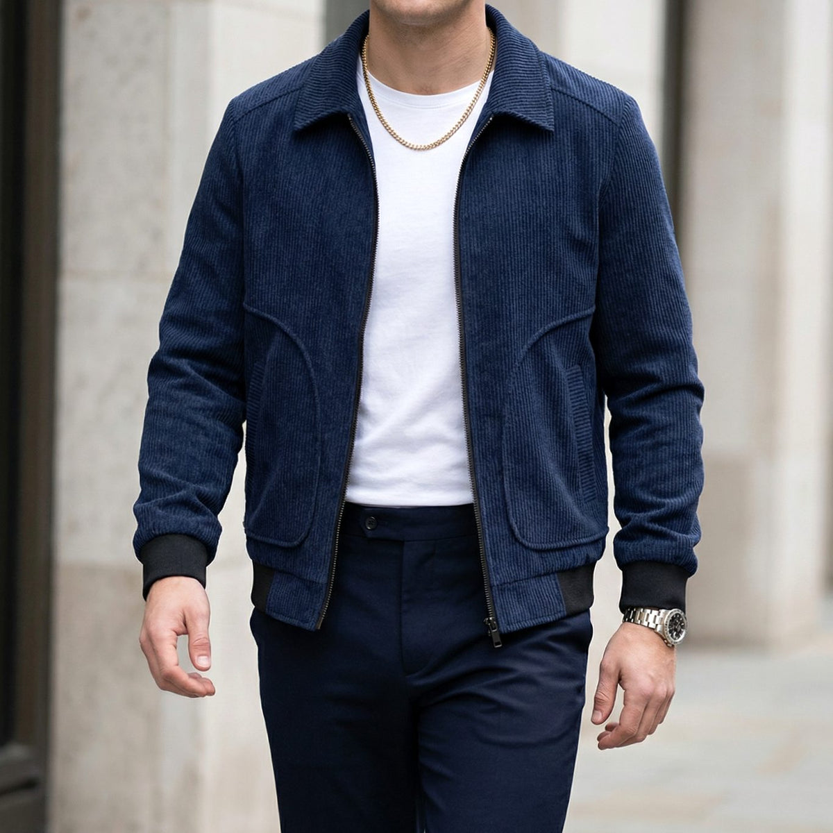 Men's Corduroy Zip-Up Collared Casual Jacket