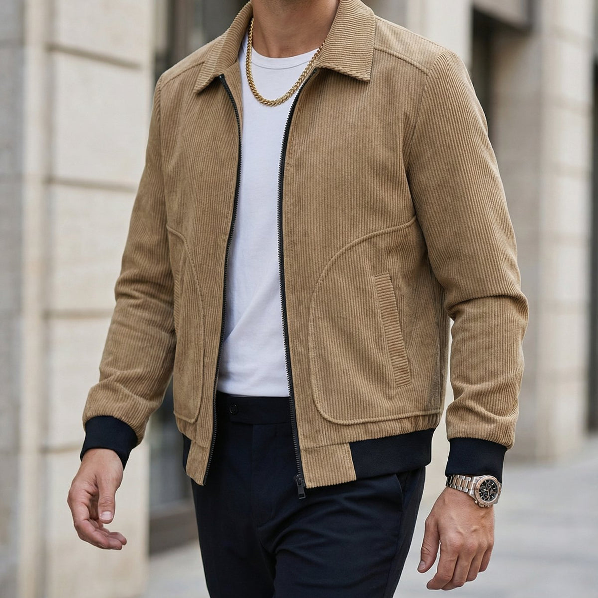 Men's Corduroy Zip-Up Collared Casual Jacket