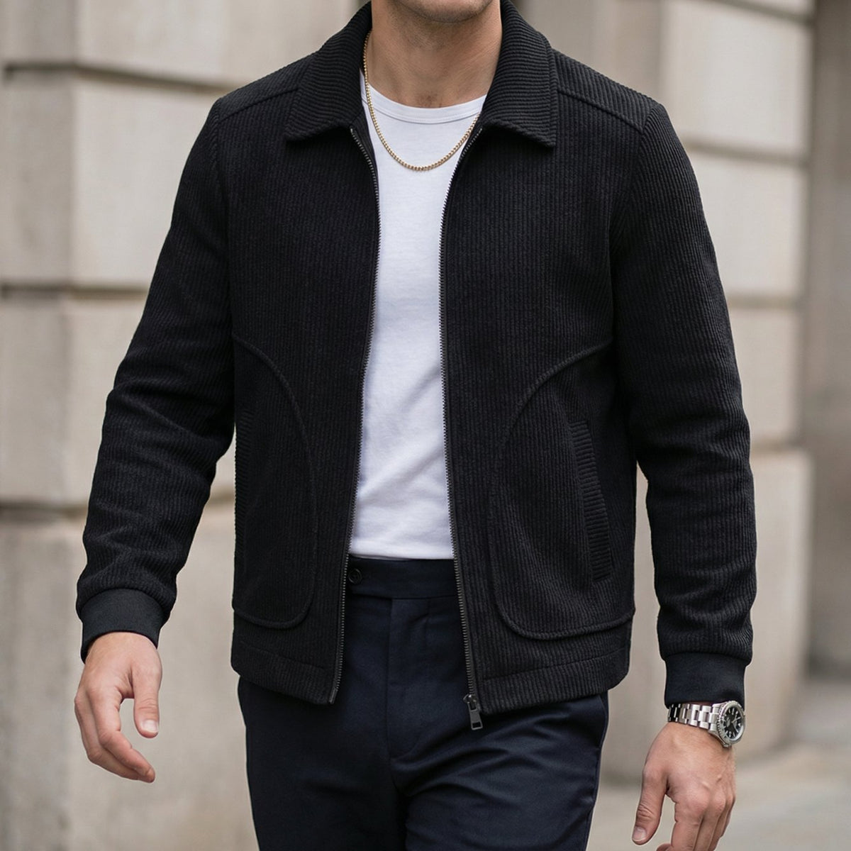 Men's Corduroy Zip-Up Collared Casual Jacket