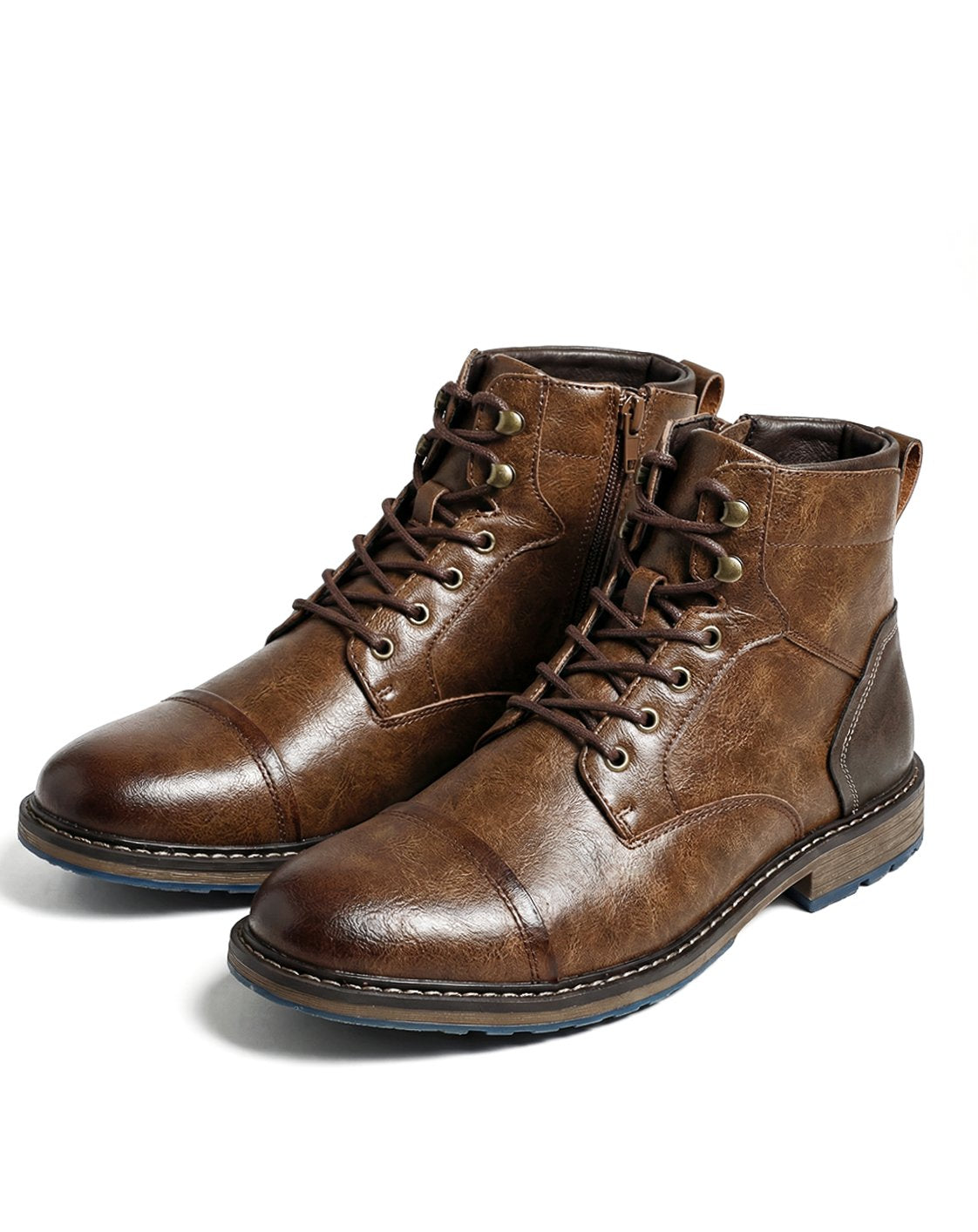 Men's Cowhide Leather Lace-Up Cap-Toe Ankle Boots - Brown