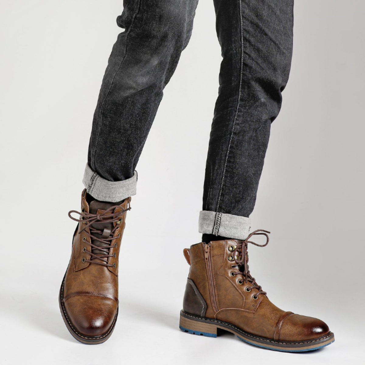 Men's Cowhide Leather Lace-Up Cap-Toe Ankle Boots
