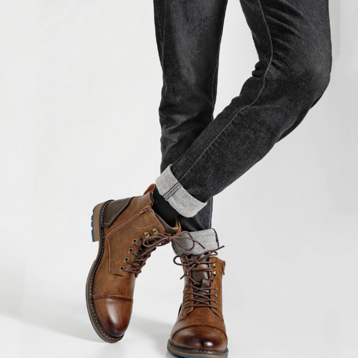 Men's Cowhide Leather Lace-Up Cap-Toe Ankle Boots