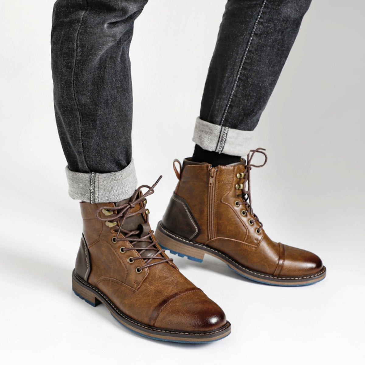 Men's Cowhide Leather Lace-Up Cap-Toe Ankle Boots
