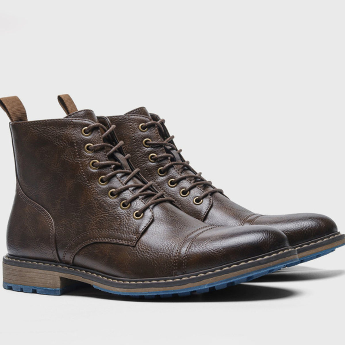Men's Cowhide Leather Lace-Up Cap-Toe Ankle Boots - Dark Brown