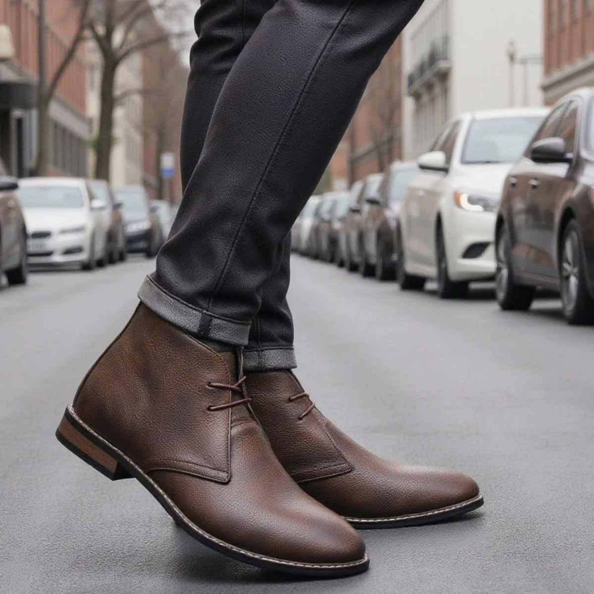 Men's Cowhide Leather Lace-Up Chukka Boots - Dark Brown