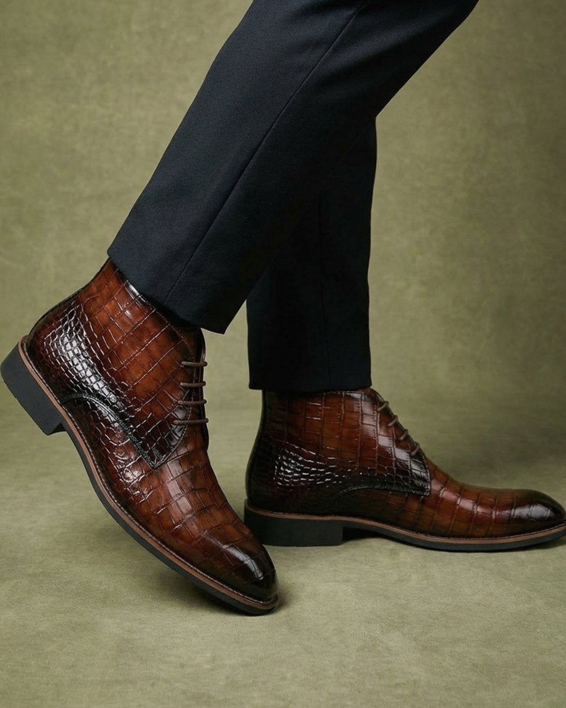Men's Croc-Embossed Leather Lace-Up Smart Boots