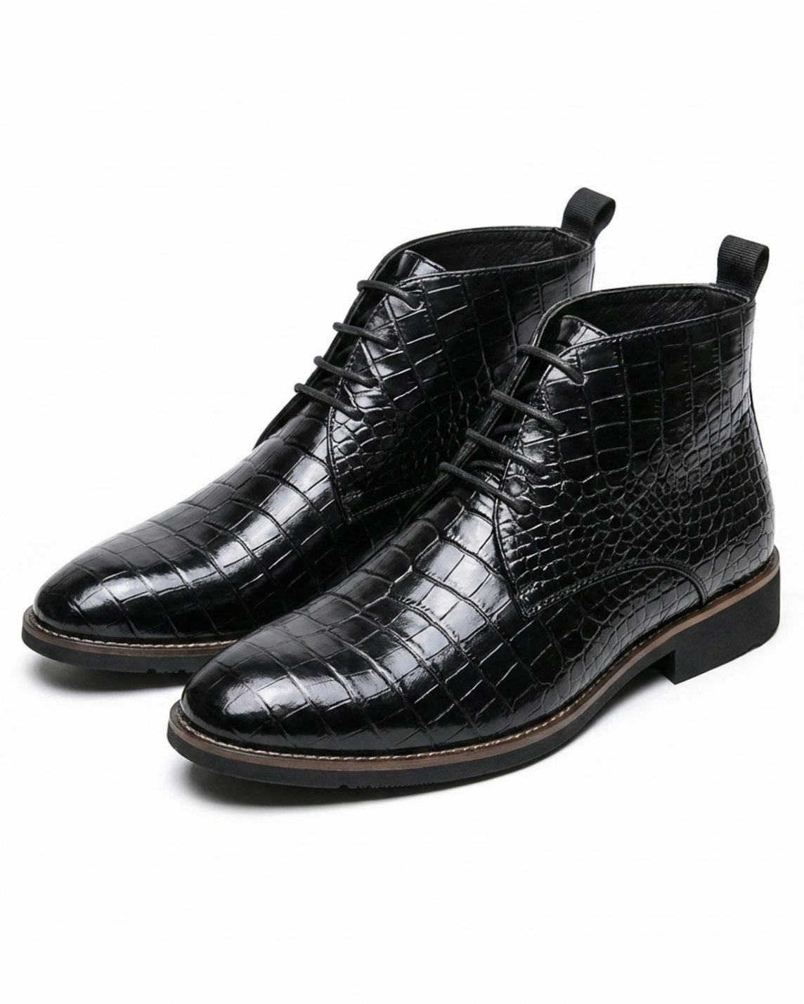 Men's Croc-Embossed Leather Lace-Up Smart Boots - Black
