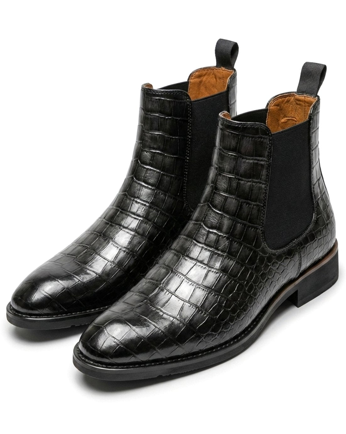 Men's Croc-Embossed Leather Lace-Up Smart Boots - Black