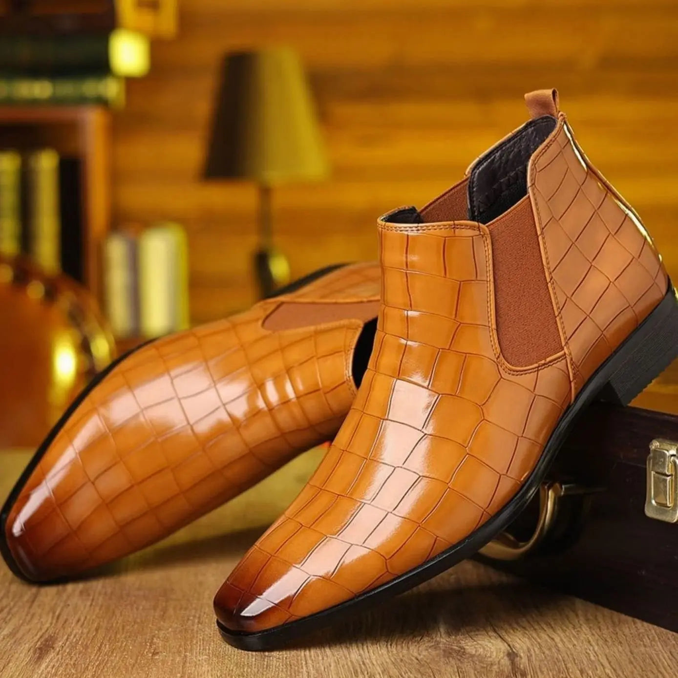 Men's Croc-Embossed Slip-On Chelsea Boots - Light Brown