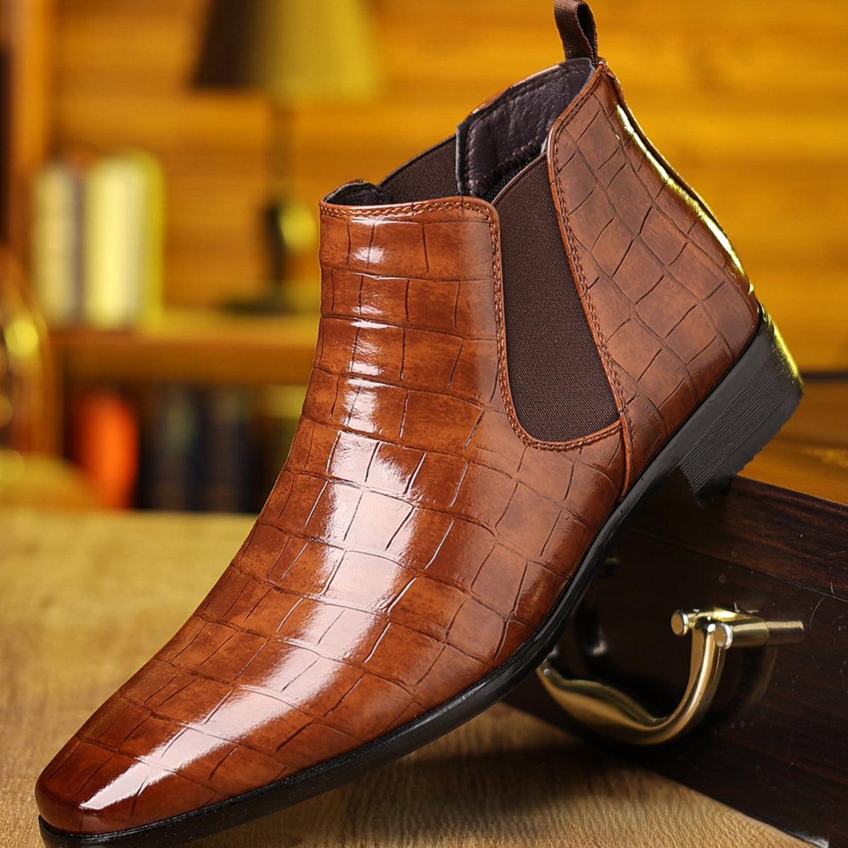 Men's Croc-Embossed Slip-On Chelsea Boots, Tan Brown