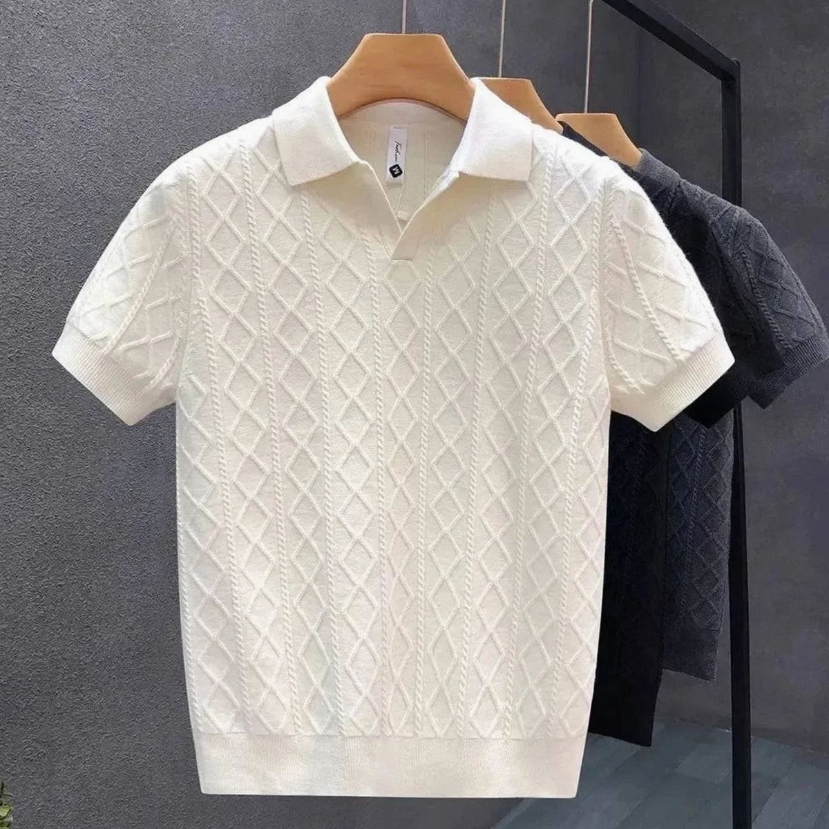 Men's Diamond Cable-Knit Short-Sleeve Cotton Polo Shirt - Cream