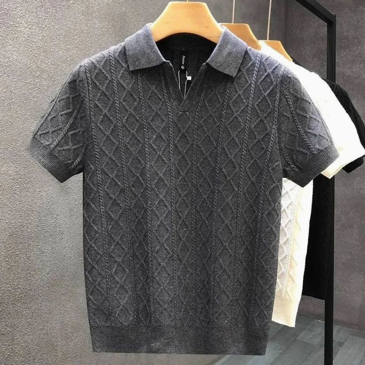 Men's Diamond Cable-Knit Short-Sleeve Cotton Polo Shirt - Grey