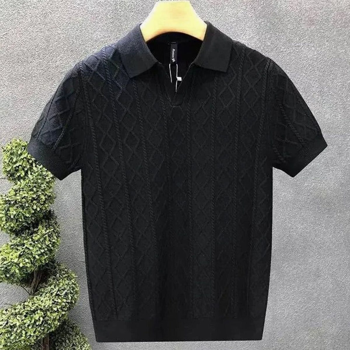 Men's Diamond Cable-Knit Short-Sleeve Cotton Polo Shirt - Black