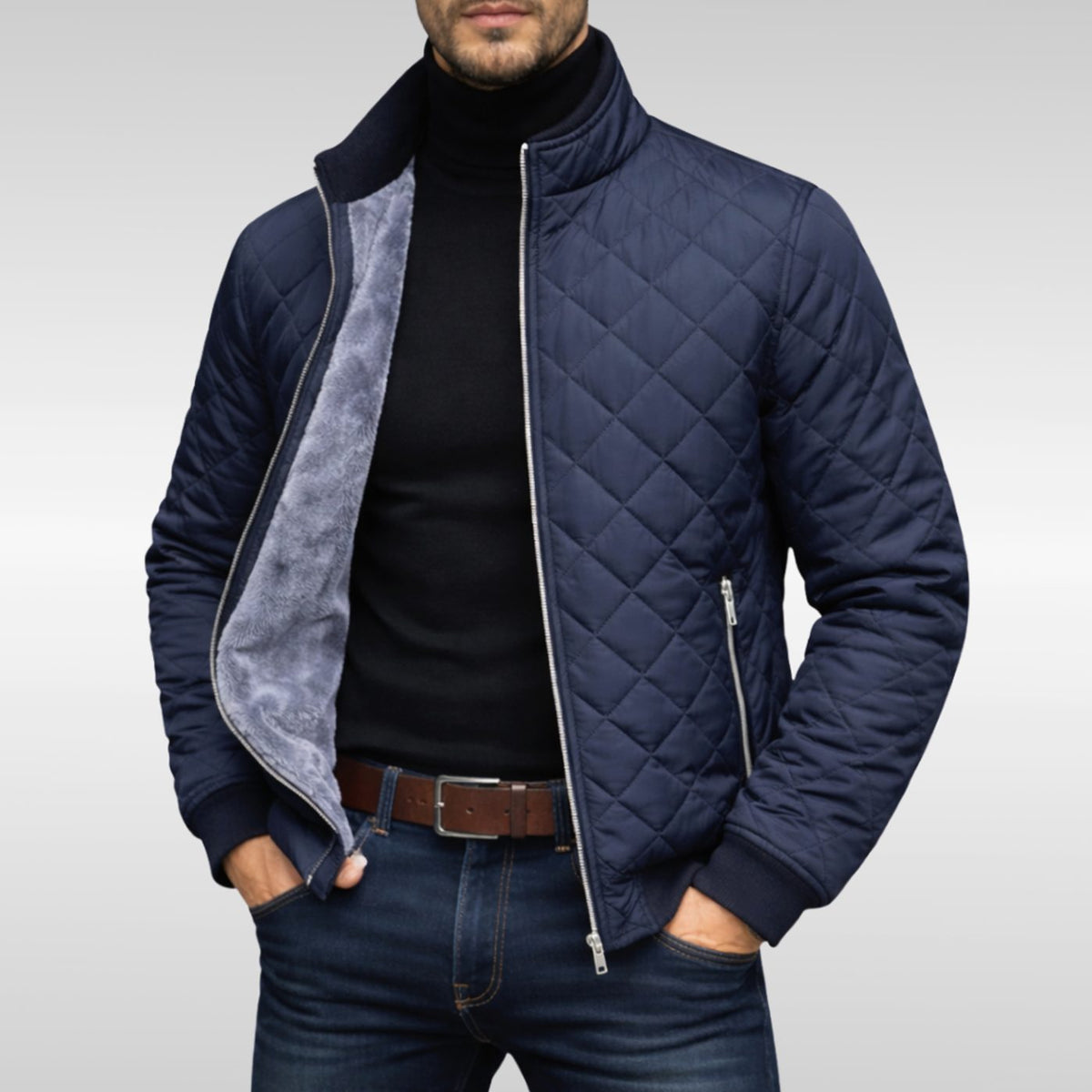 Men's Diamond-Quilted Fleece-Lined Zip-Up Winter Jacket - Navy Blue