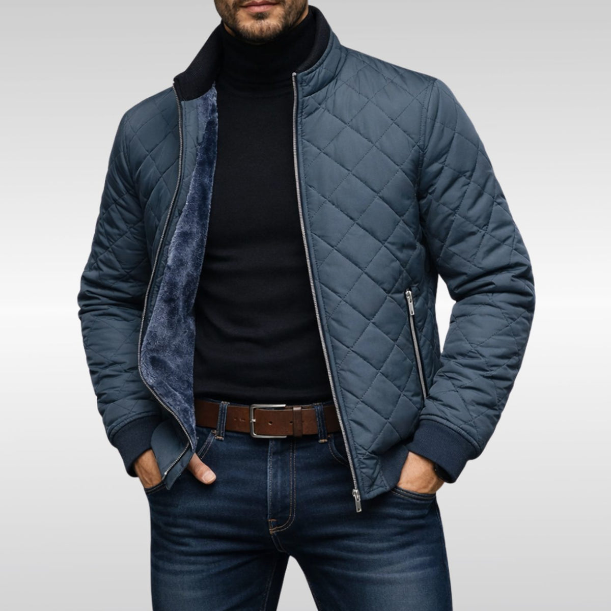 Men's Diamond-Quilted Fleece-Lined Zip-Up Winter Jacket - Grey