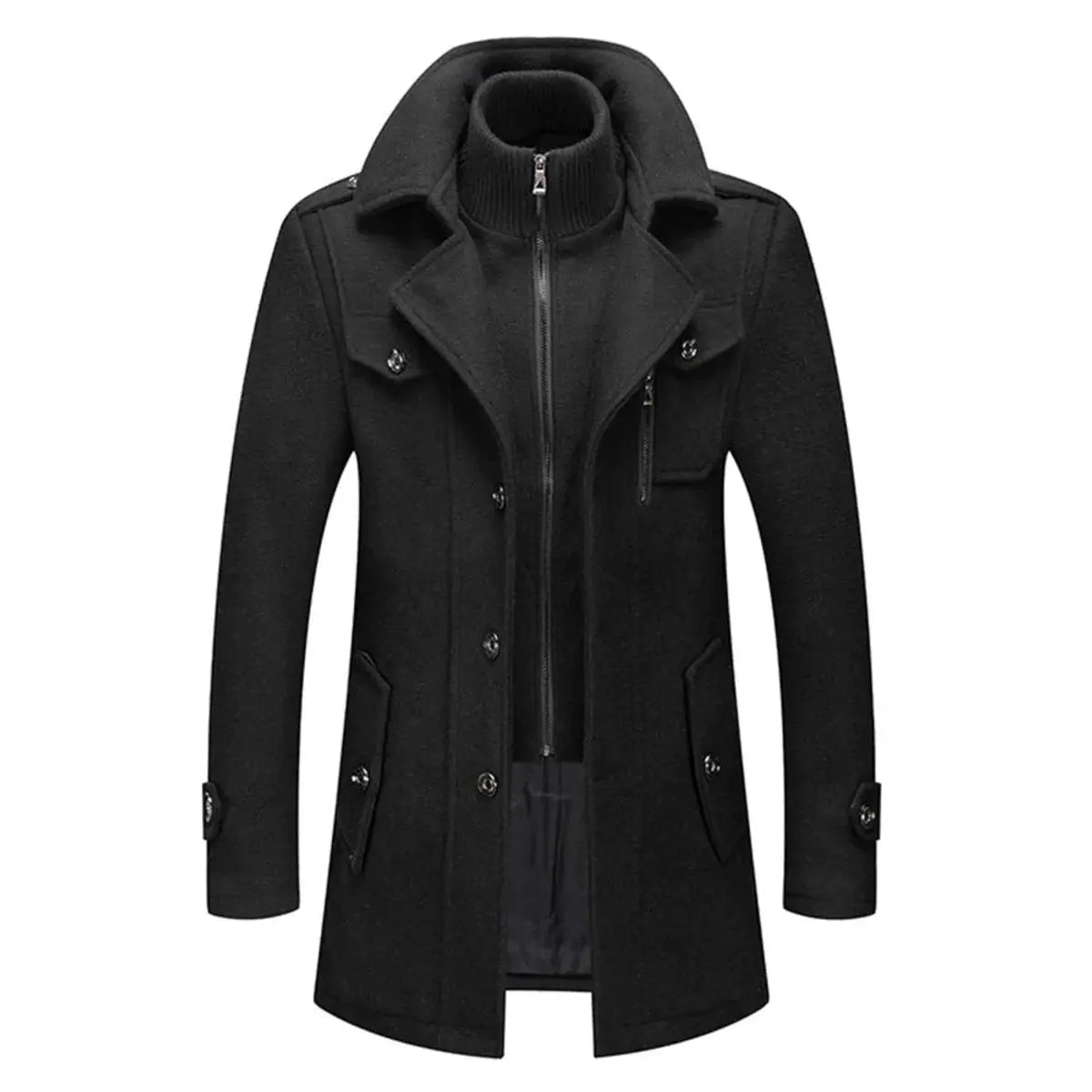 Men's Double-Layer Wool Blend Winter Coat Knit Collar - Black