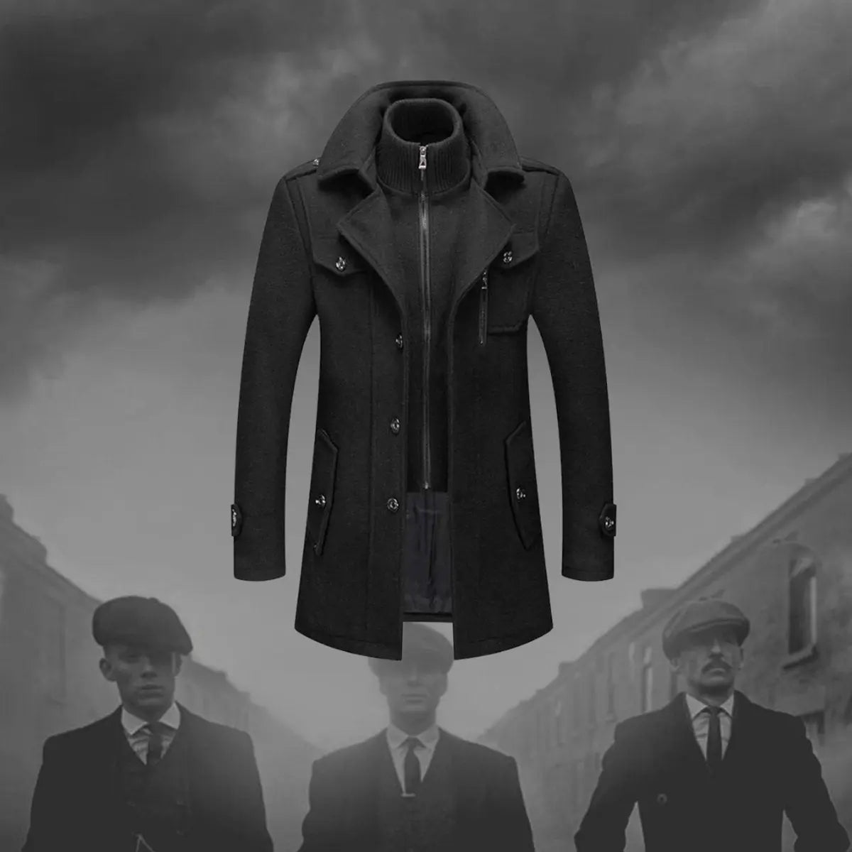 Men's Double-Layer Wool Blend Winter Coat Knit Collar