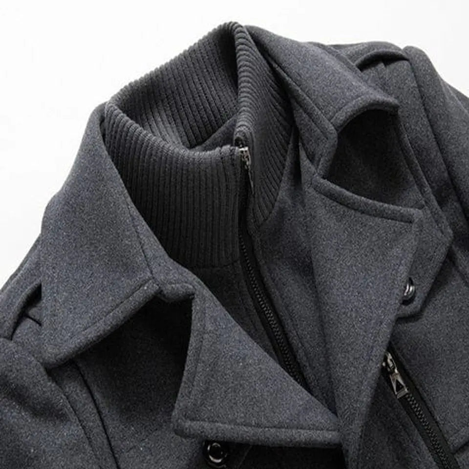 Men's Double-Layer Wool Blend Winter Coat Knit Collar