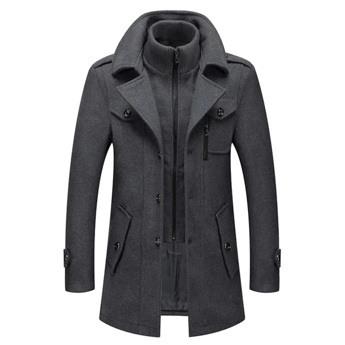Men's Double-Layer Wool Blend Winter Coat Knit Collar - Grey